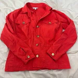 Cabi Coral Red Ruffle Back Utility Jacket • Size M • EUC
